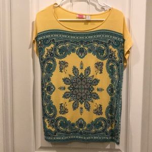 Blue, yellow and teal tapestry design top